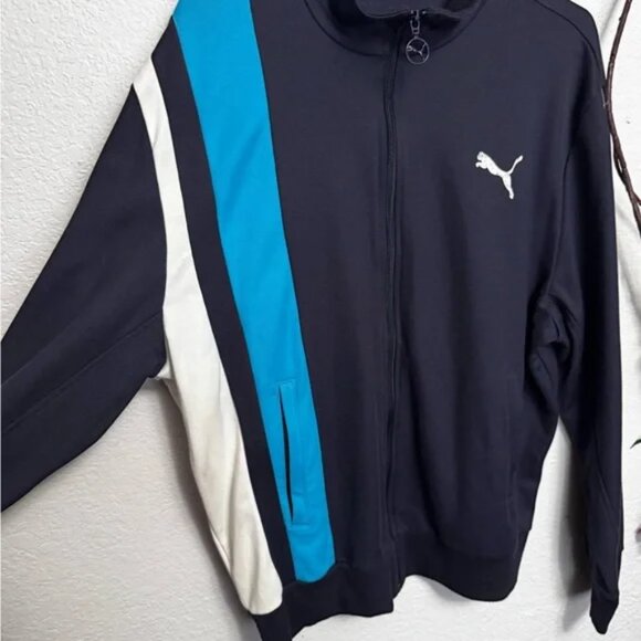 Puma Men's Track Jacket Size Large Navy Blue White Turquoise ZipUp Retro Y2K - Picture 2 of 12